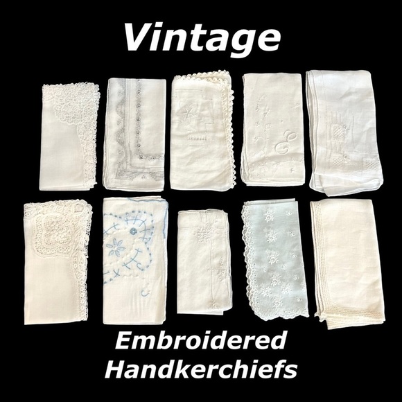 Vintage Handkerchiefs, bundle of 10. Very delicate hand embroidery, cotton - Picture 1 of 16
